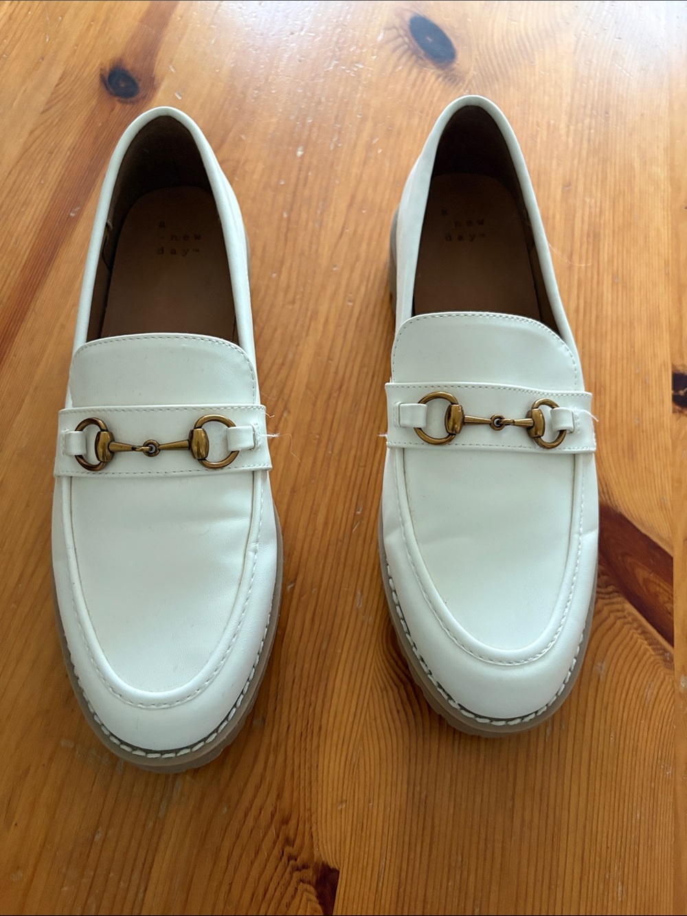 a new day Cream Leather Loafers with Gold Bit